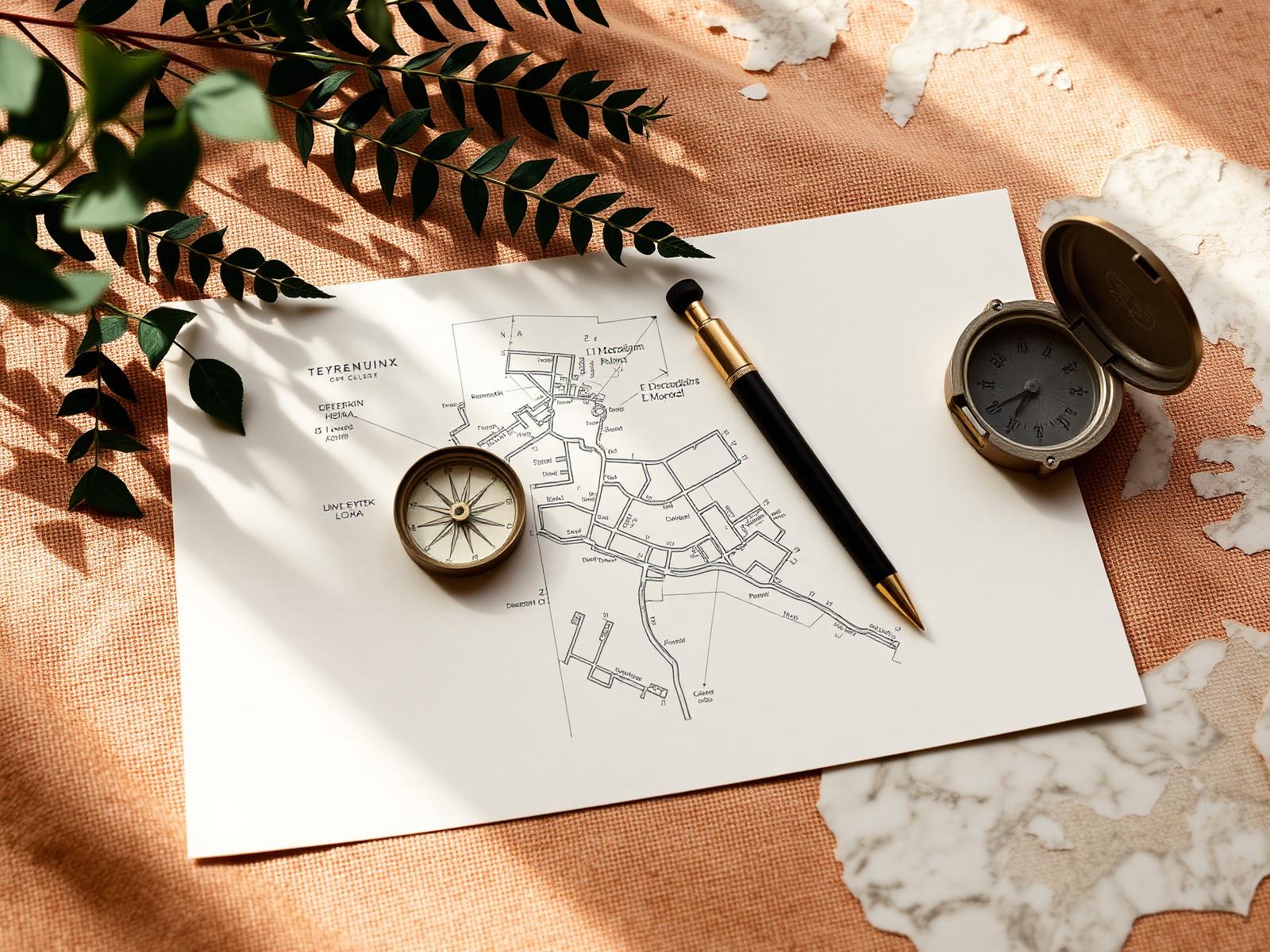 Hand-drawn roadmap with a brass compass and fountain pen
